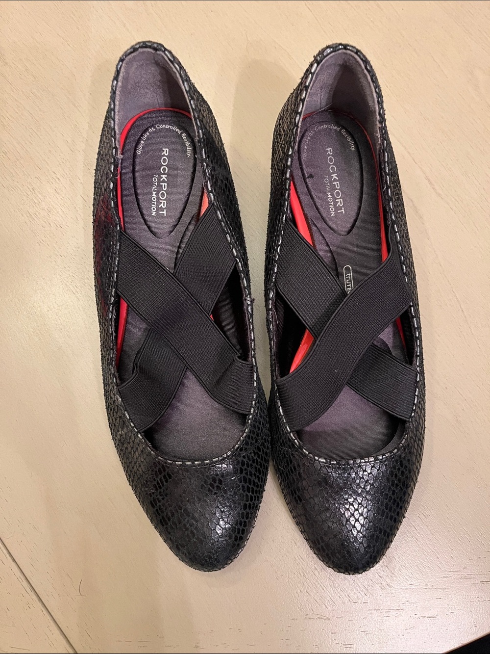 Rockport Black Faux-Snakeskin Slip-On Flats with Red Interior Trim